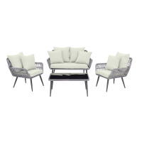 Manhattan Comfort OD-CV019-CR Portofino Rope Wicker 4-Piece Patio Conversation Set with Cushions in Cream